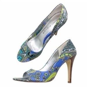 Marc Fisher Paisley Print High Heel Pumps Blue Green Pattern 4.5"Heel Worn Once